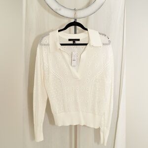 White House Black Market Cream Knit Openwork Polo Sweater